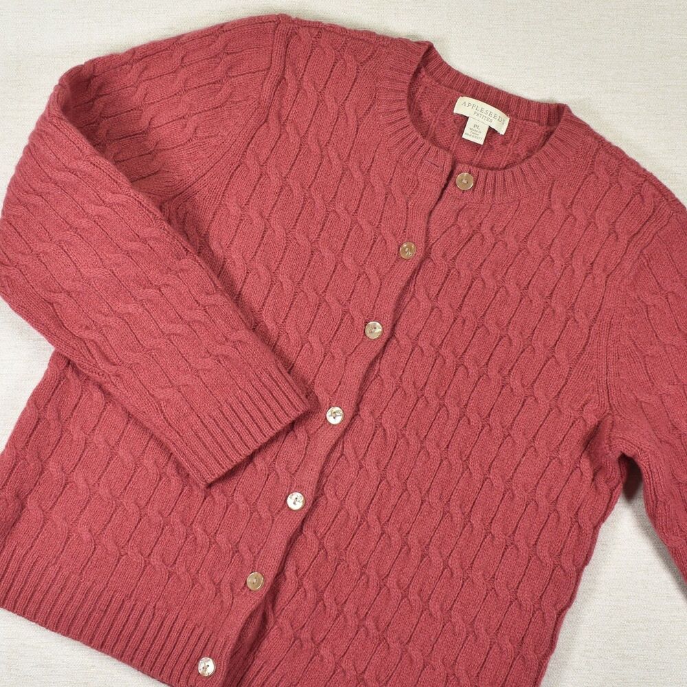 Appleseeds Wool Cable Knit Cardigan Sweater Petite Large PL Pink Crewneck